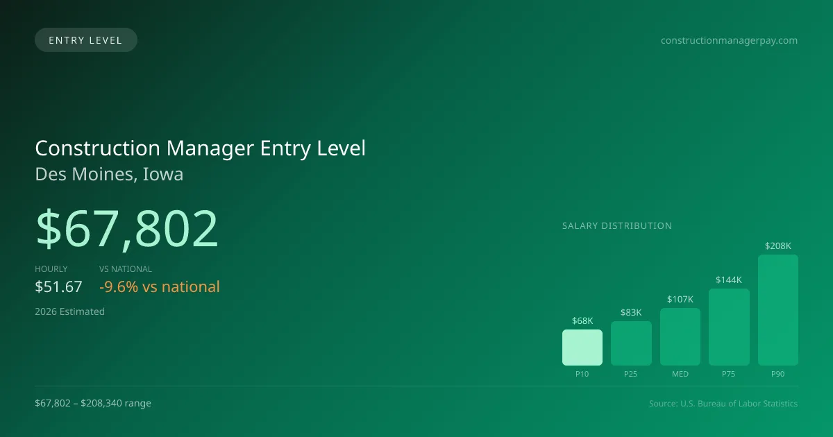 Construction Manager Entry Level Salary in Des Moines, IA — 2026 est., based on 2025 BLS